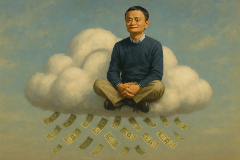 Jack Ma on a cloud with falling dollar bills
