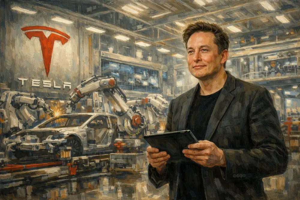 Elon Musk holding a tablet inside a futuristic Tesla factory