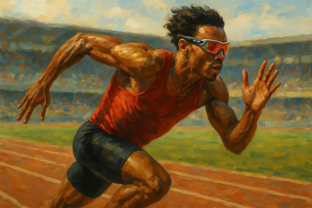 A male sprinter in a red top and futuristic sports glasses sprints in full stride on a stadium track
