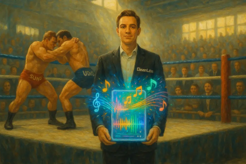 ElevenLabs launches a glowing AI music device in a wrestling ring as Suno and Udio grapple behind
