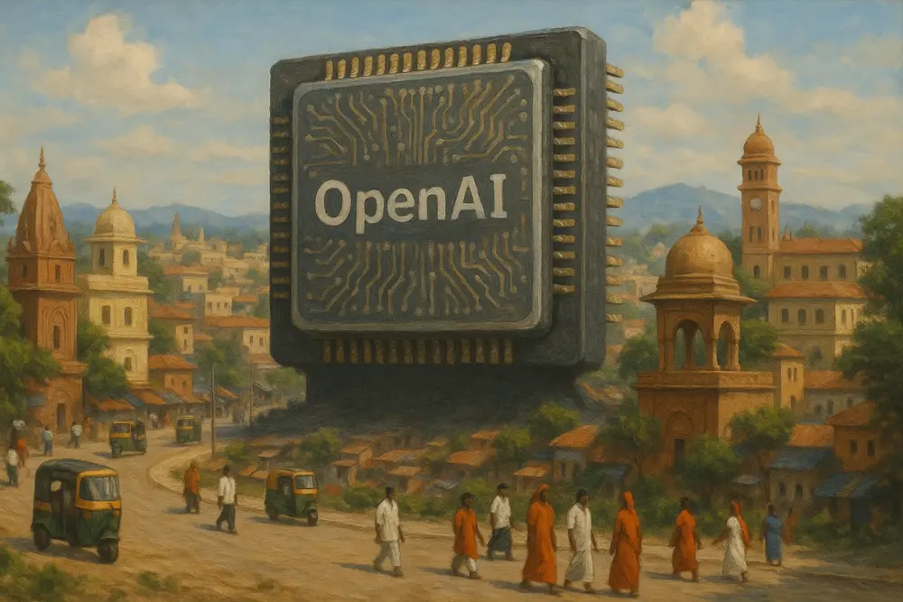 A colossal OpenAI computer chip towering over an Indian cityscape with temples, colonial buildings, auto-rickshaws, and people in traditional clothing