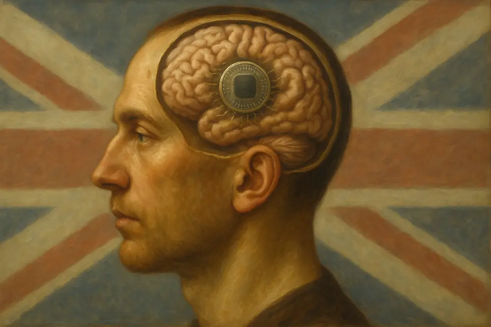 A man in profile with a brain implant against a faded Union Jack
