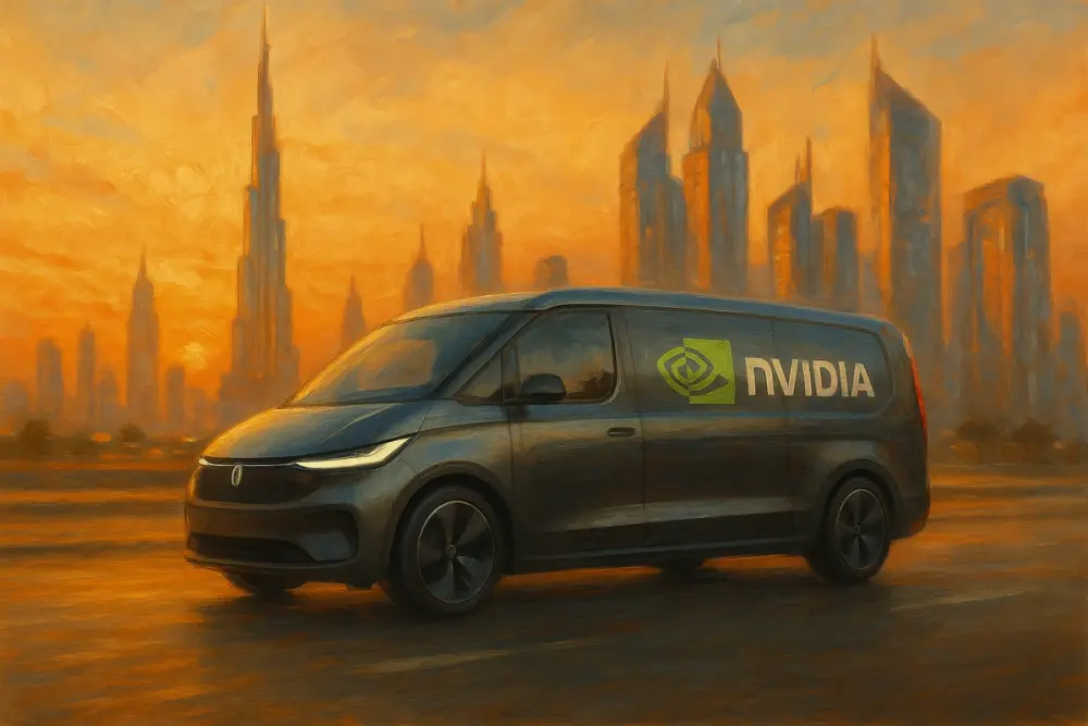 Sleek NVIDIA van driving through a warm Dubai sunset with the Burj Khalifa in the background