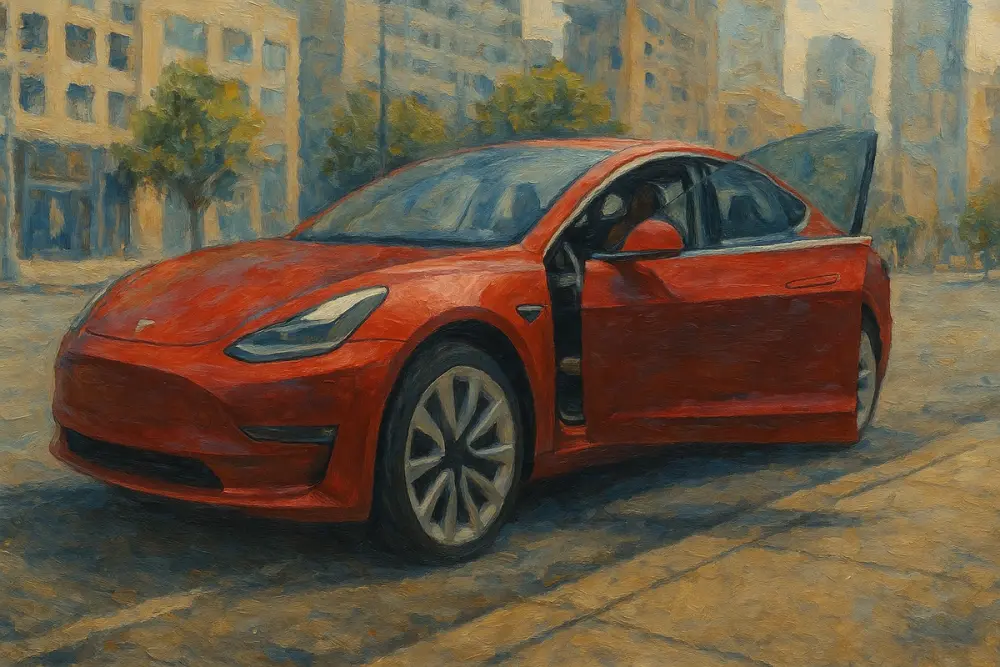 A red Tesla with its door open is parked on an urban street, revealing a sleek interior