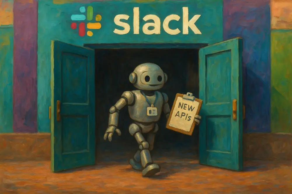 A friendly robot with a clipboard labeled “New APIs” walks through the open doors of a colorful Slack building