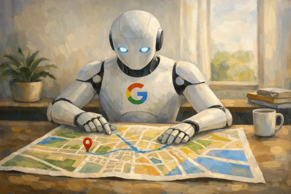 AI robot with a Google logo studying a paper map at a desk