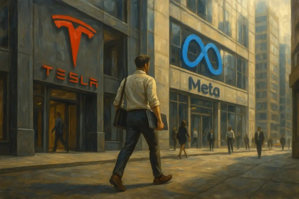 A man carrying a laptop walks from the Tesla building toward the Meta building on a busy city street
