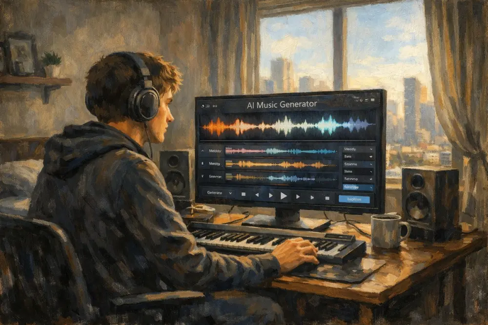 Person using AI music software at desktop in sunlit bedroom