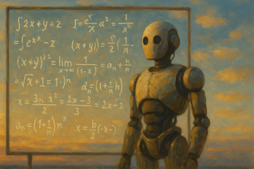A humanoid robot standing before a glass board filled with math equations