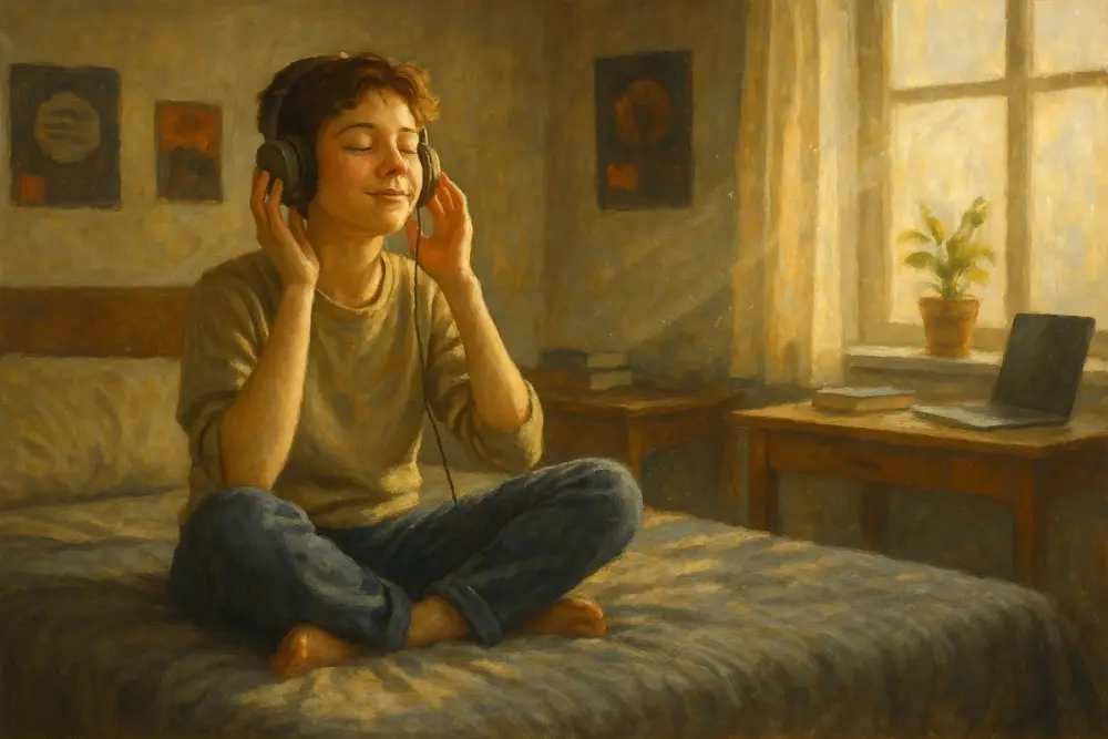 Person relaxing on a sunlit bed, eyes closed, listening to music with headphones