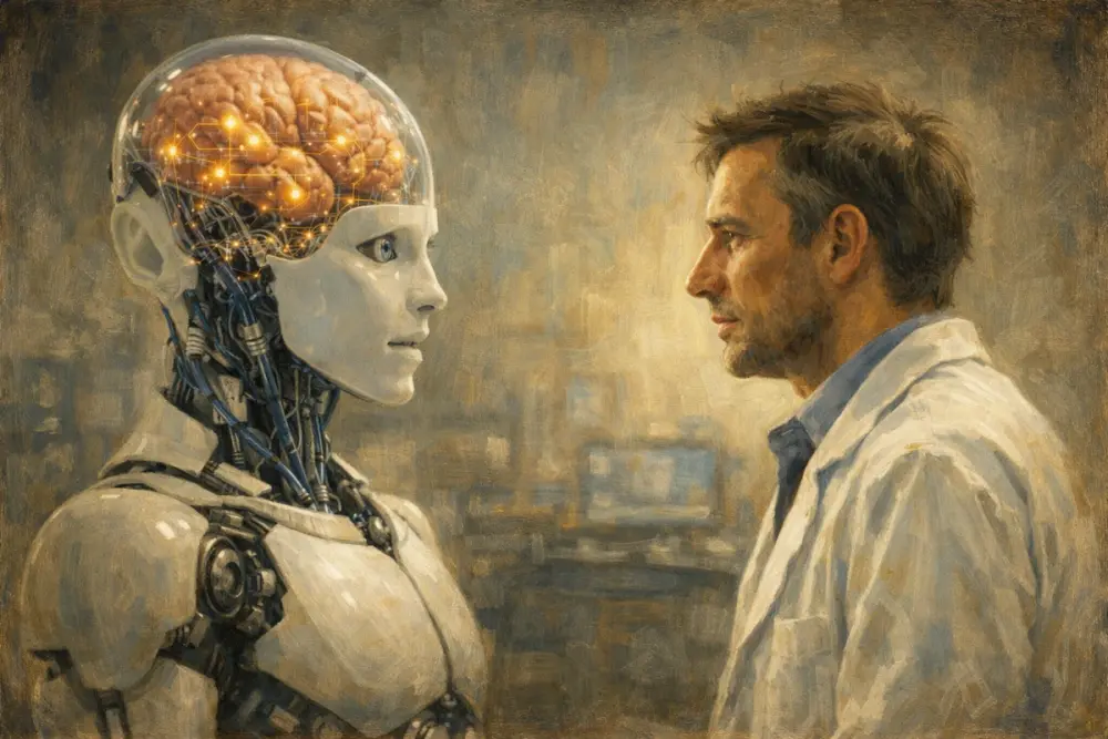Humanoid AI with a transparent skull revealing a glowing brain faces a scientist in a lab