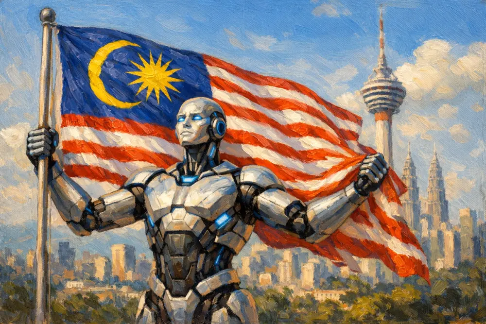 AI holding the Malaysian flag with Kuala Lumpur skyline behind
