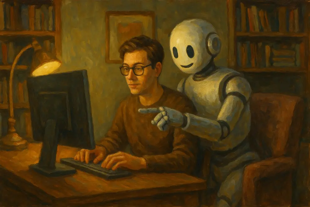 A man typing at a desk with a friendly robot beside him, pointing at the computer screen