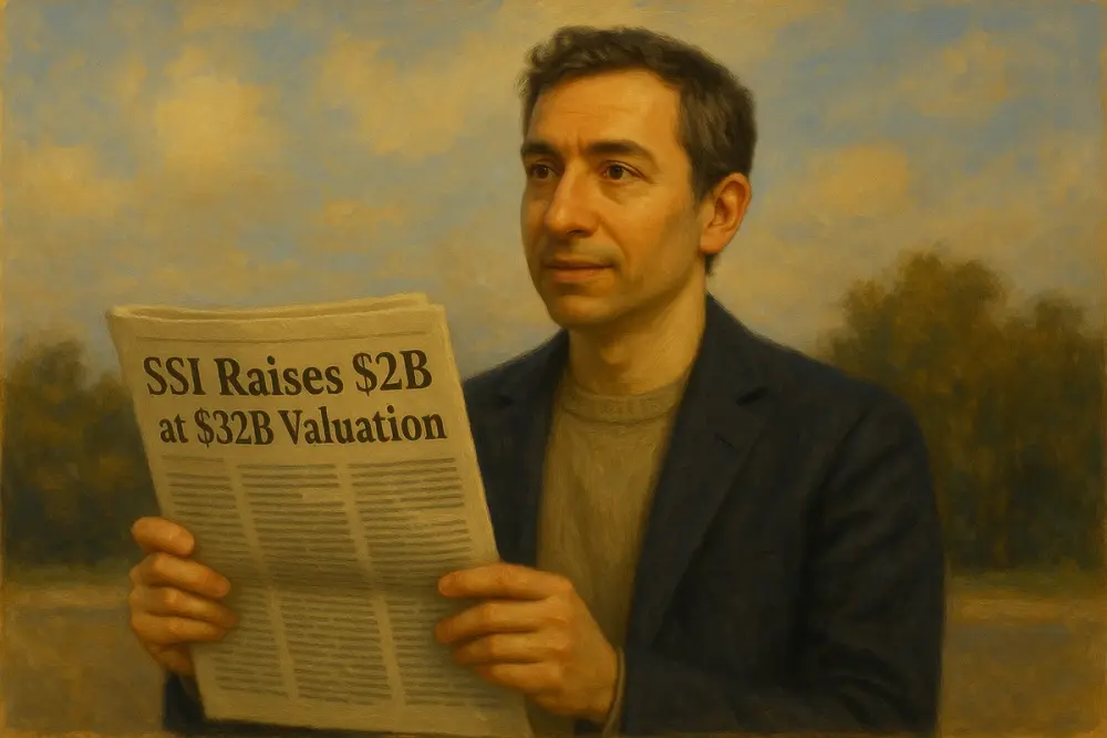 man holding a newspaper with the headline "SSI Raises $2B at $32B Valuation