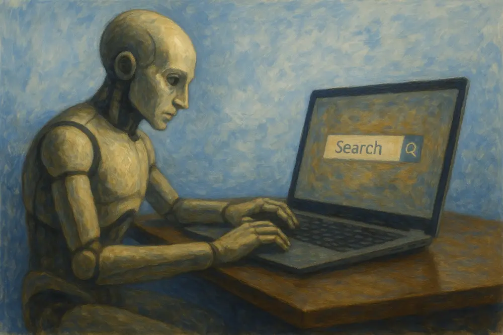 A humanoid robot sits at a desk, typing on a laptop with a "Search" bar displayed