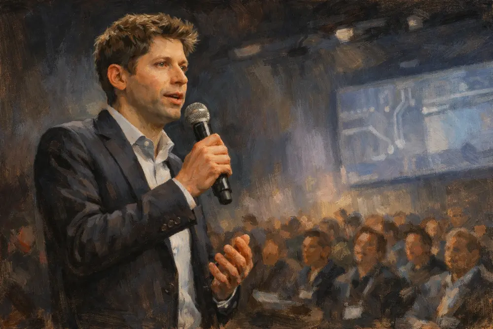 Sam Altman speaking at a tech conference.