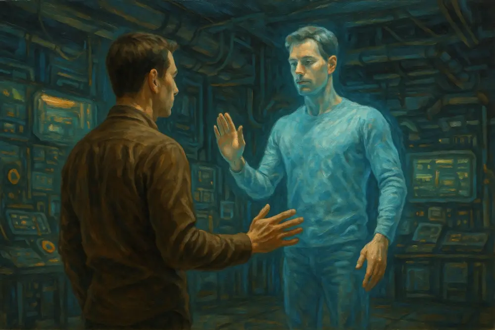A person stands in a futuristic lab, facing a glowing digital twin that mirrors their movements