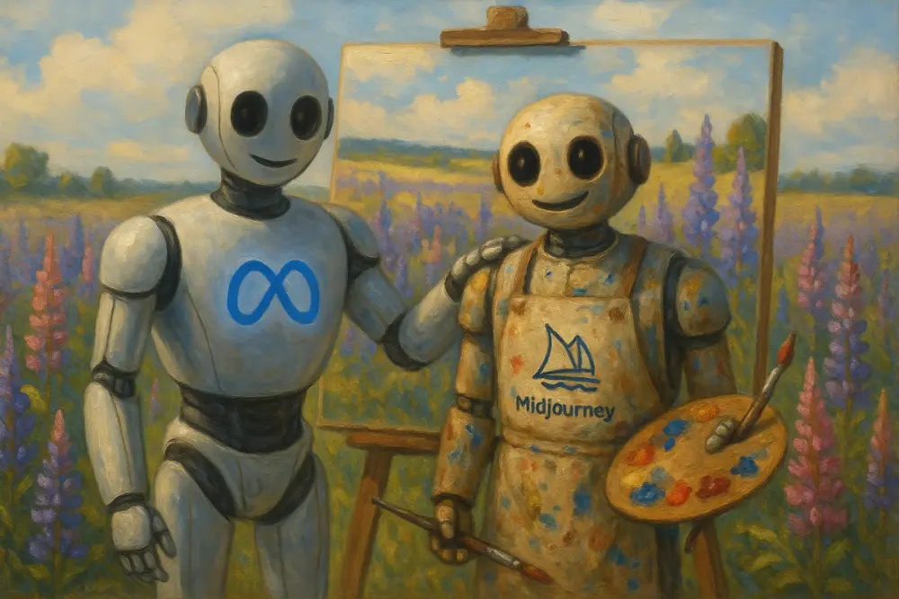 Meta and Midjourney robots smile together in a lupin field with a canvas