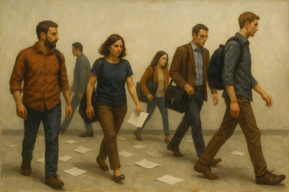 Five individuals walk in different directions in a white room, carrying bags and scattered papers