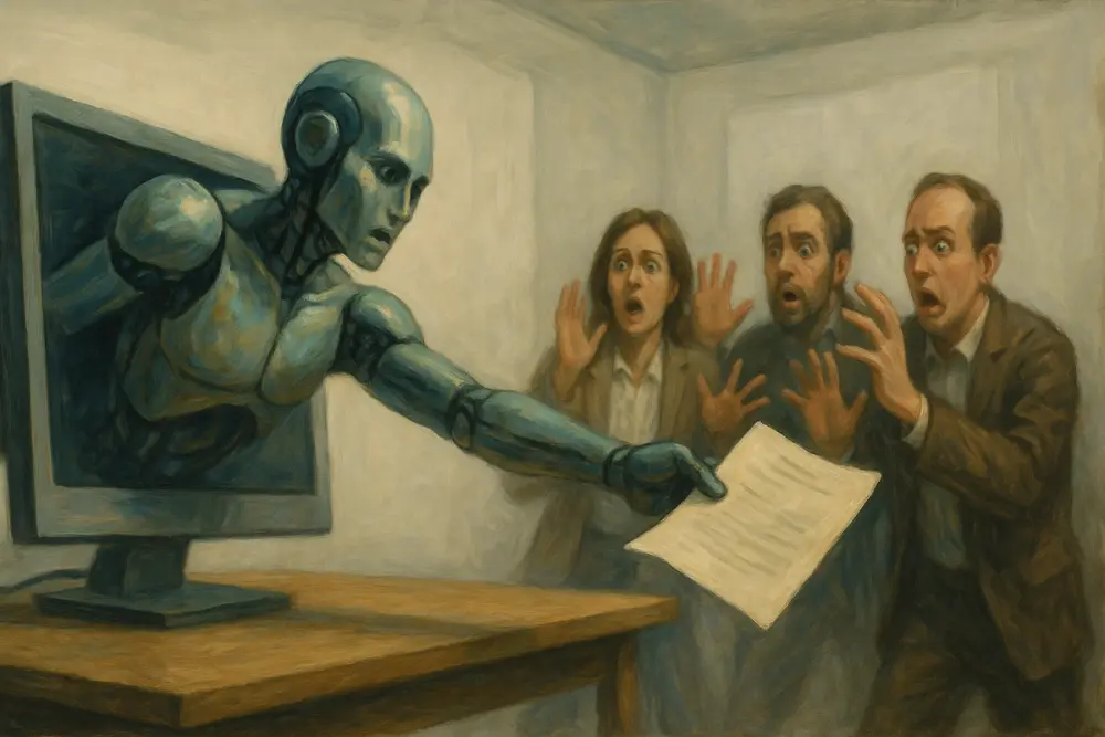 AI robot emerges from screen holding a document as humans react in shock