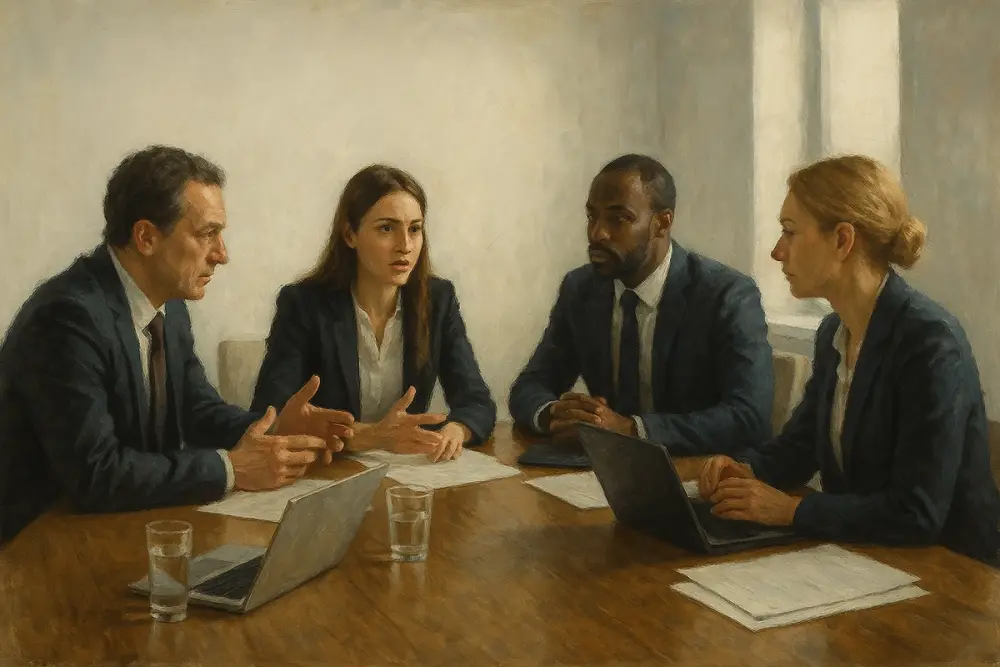Four business professionals in suits sit around a table in a bright, minimalist conference room, engaged in a serious discussion with laptops and documents