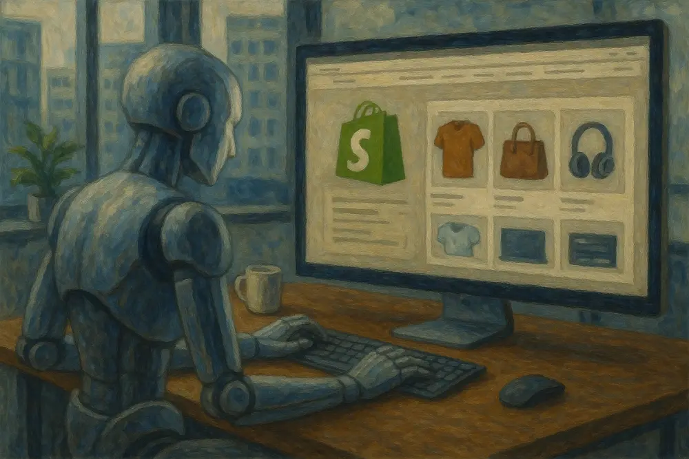 An AI robot designs a shopping website on a computer
