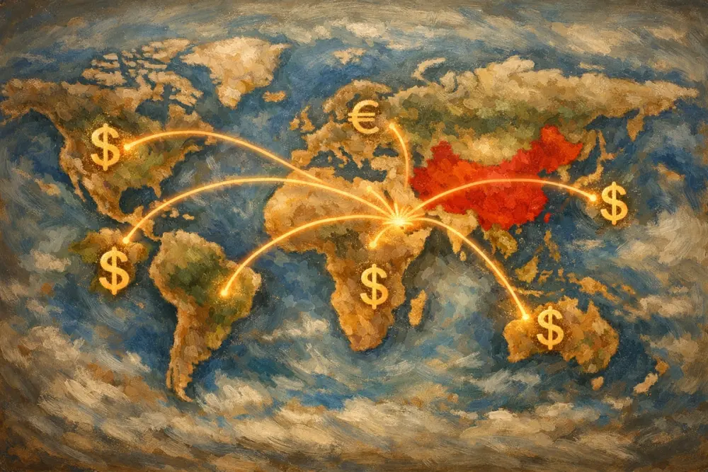World map highlighting China with global expansion lines.
