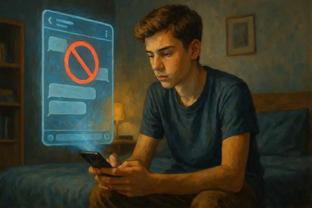 Teen boy viewing phone with a holographic chat showing a red restricted symbol
