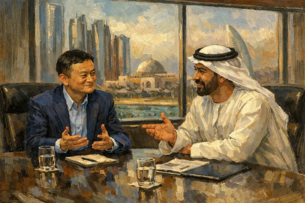 Jack Ma in a boardroom discussion with an Emirati business leader in Abu Dhabi