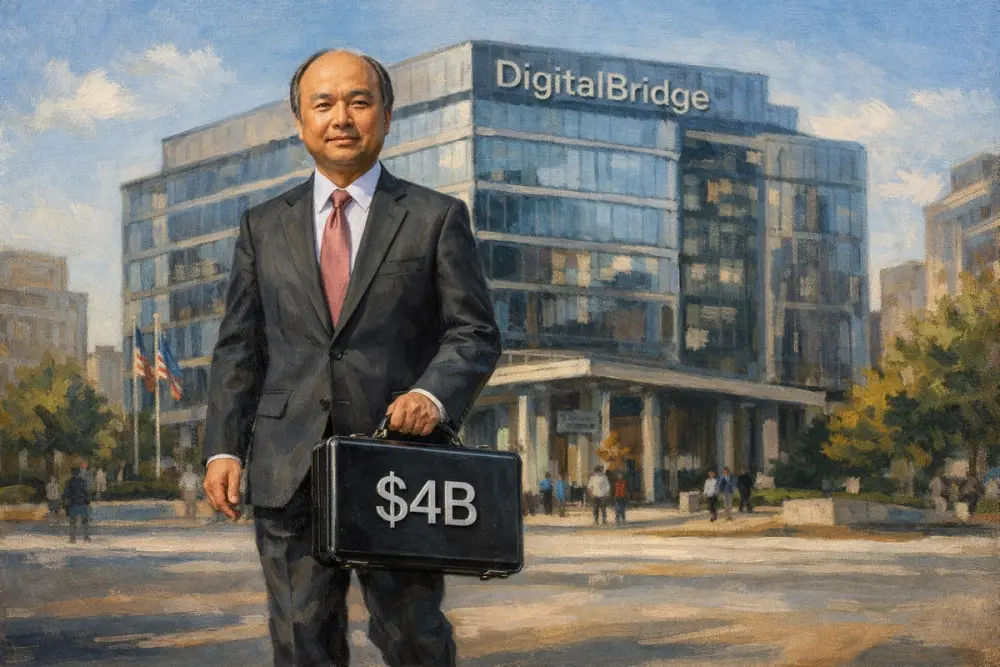 Masayoshi Son walking confidently with a “$4B” briefcase in front of DigitalBridge headquarters
