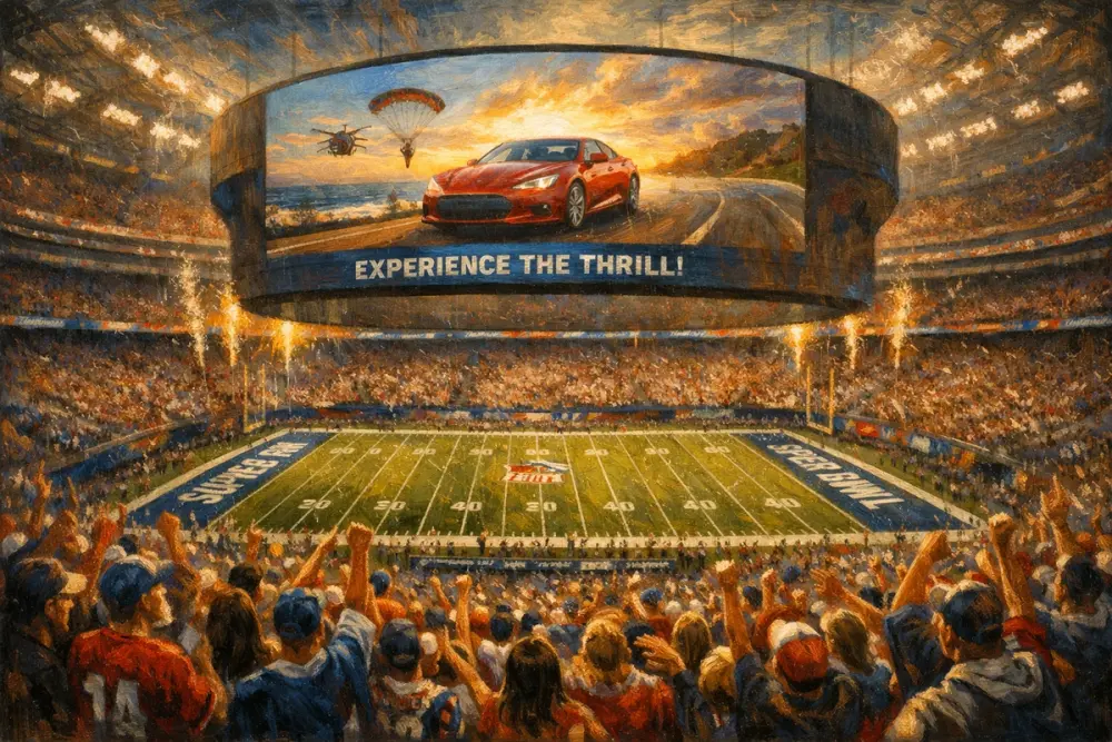 Daytime Super Bowl stadium packed with cheering fans and a giant screen above the field