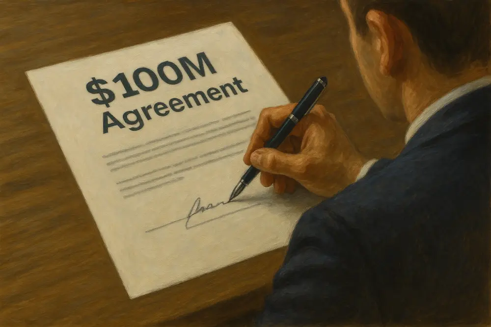 A hand signing a business document titled “$100M Agreement” on a wooden table