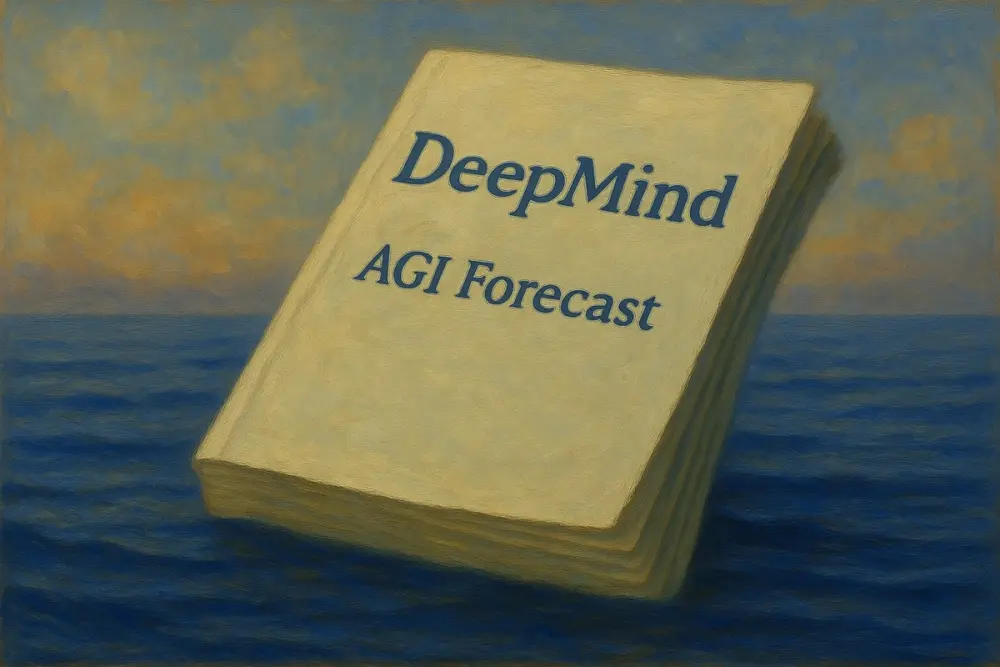 thick report titled “DeepMind AGI Forecast” floats on calm ocean waters