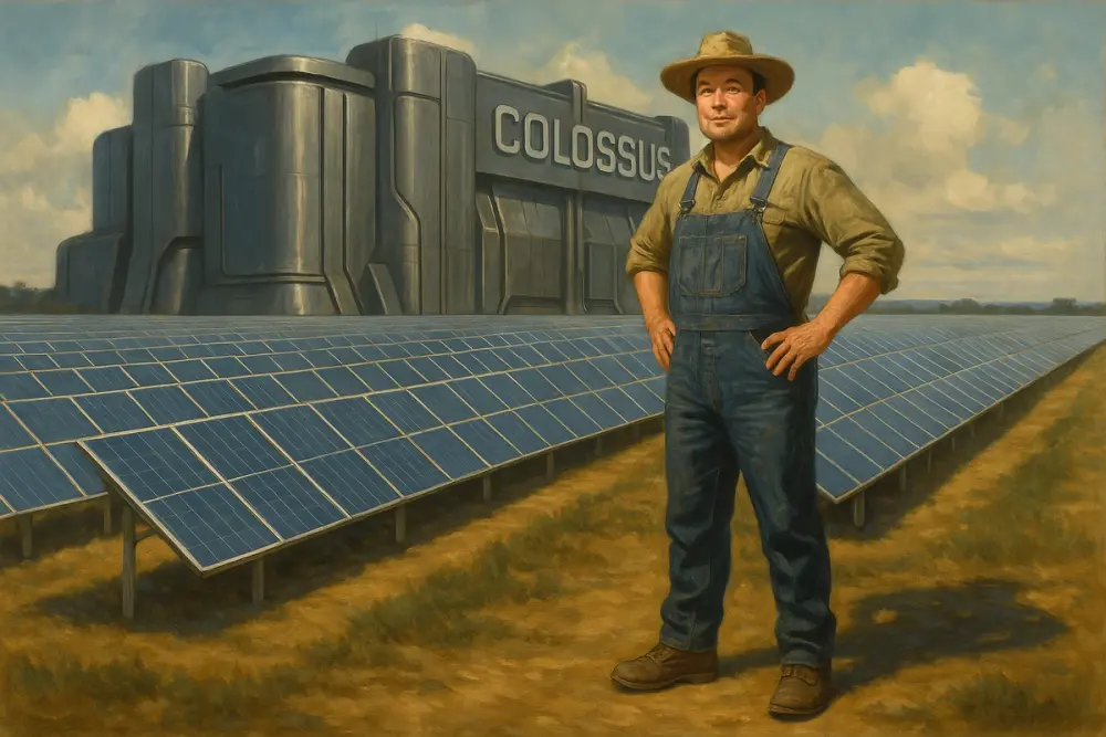 Elon Musk as a farmer in front of a solar farm and the Colossus data center