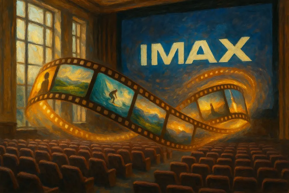 A glowing film strip with video thumbnails floats in front of an IMAX screen inside a sunlit auditorium