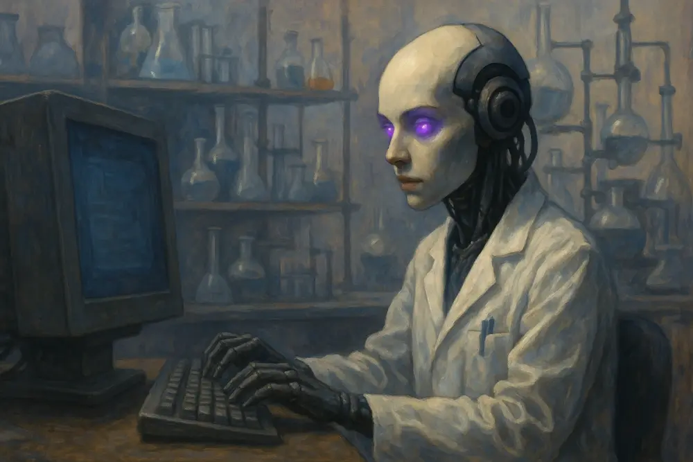 AI humanoid in a white lab coat types on a computer in a dimly lit science lab
