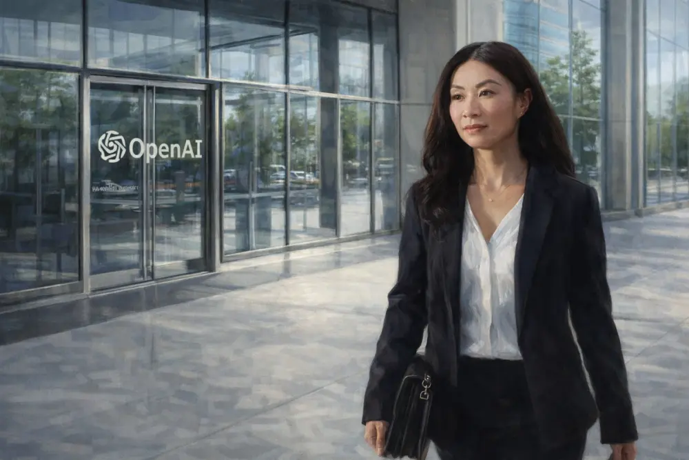 Hannah Wong walking away from an OpenAI building