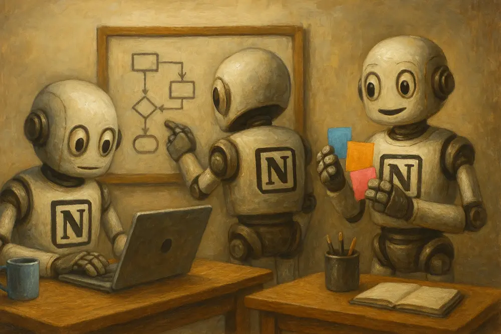 Three friendly robots with Notion logos work together in an office, one on a laptop, one at a diagram board, and one holding colorful sticky notes.