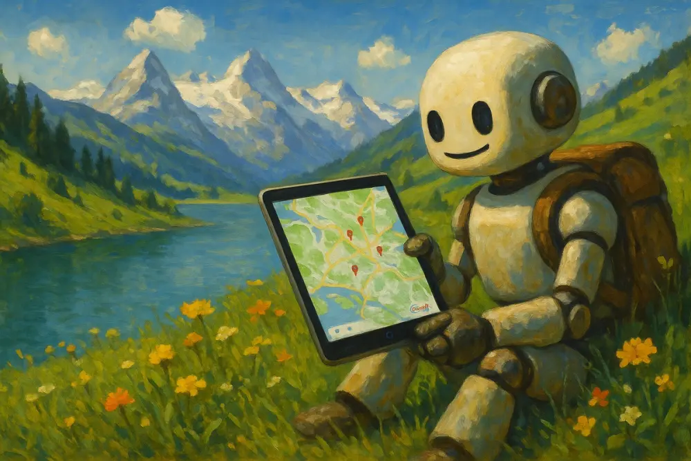A friendly robot in the Swiss Alps studies Google Maps on an iPad by a mountain lake