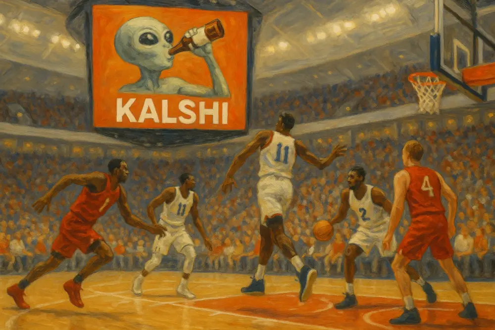 NBA game in a packed arena with a jumbotron showing an alien chugging beer in a Kalshi ad