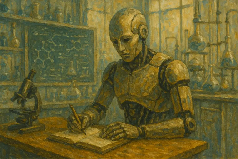 A humanoid robot takes notes in a research lab filled with scientific equipment