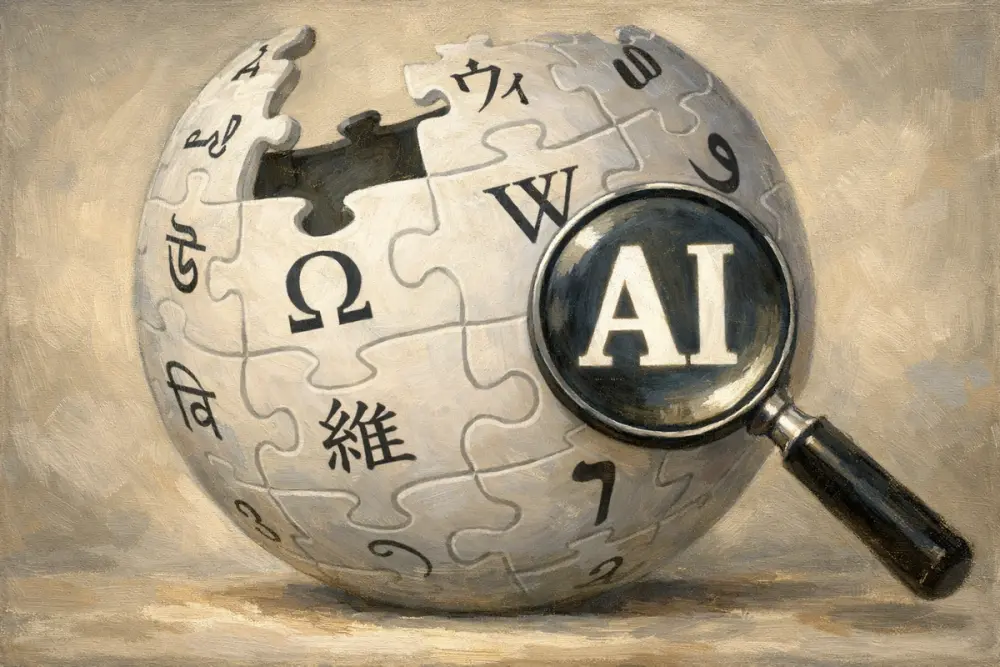 Wikipedia globe with magnifying glass showing “AI.”