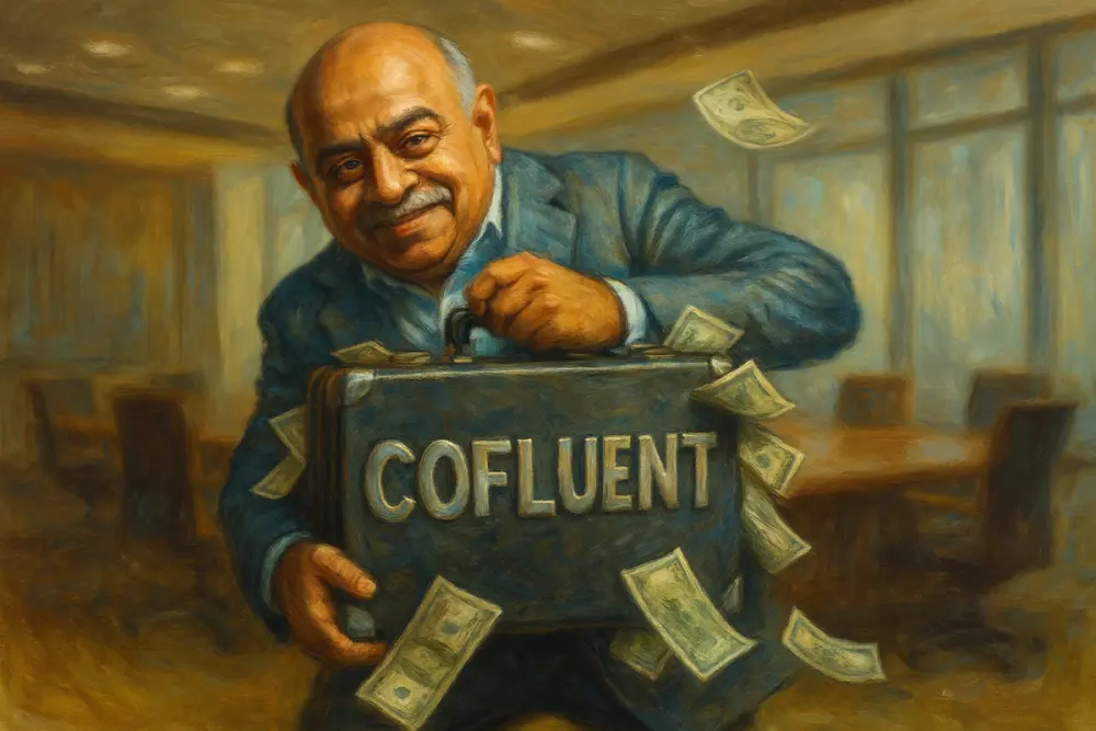 Arvind Krishna holding  a cash-stuffed briefcase labeled “COFLUENT"