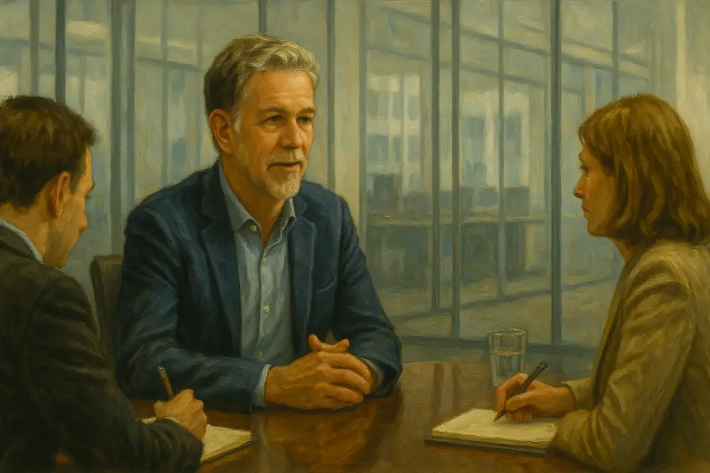 Reed Hastings sits at a conference table in a modern glass-walled boardroom
