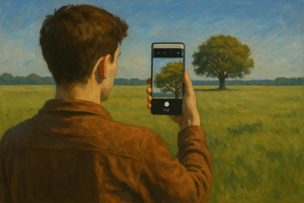 A person in a grassy field holds up a Google Pixel phone, showing a zoomed-in view of a distant tree