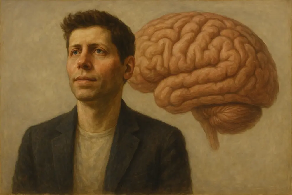 Sam Altman before a realistic human brain