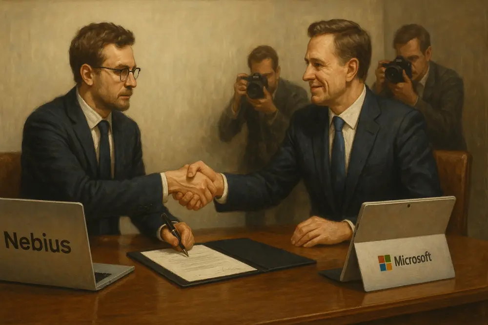 Two executives from Nebius and Microsoft shake hands over a signed contract