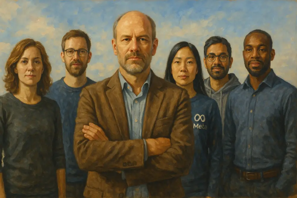 Johan Schalkwyk stands confidently at the center with five AI researchers behind him