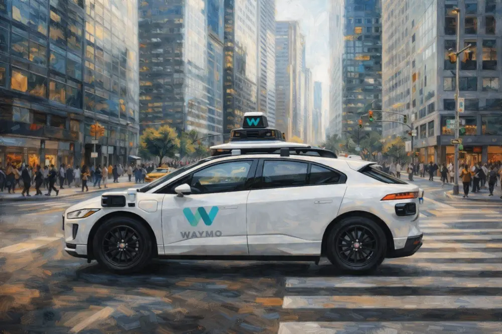 Sleek Waymo taxi in urban bustle
