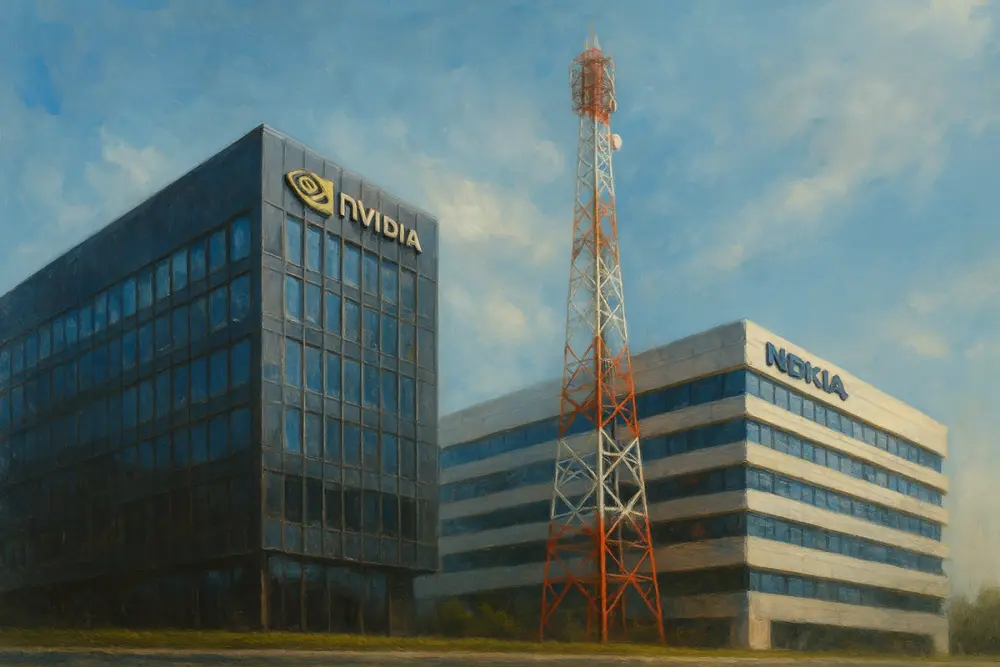 Nvidia and Nokia buildings with a telecom tower under a blue sky